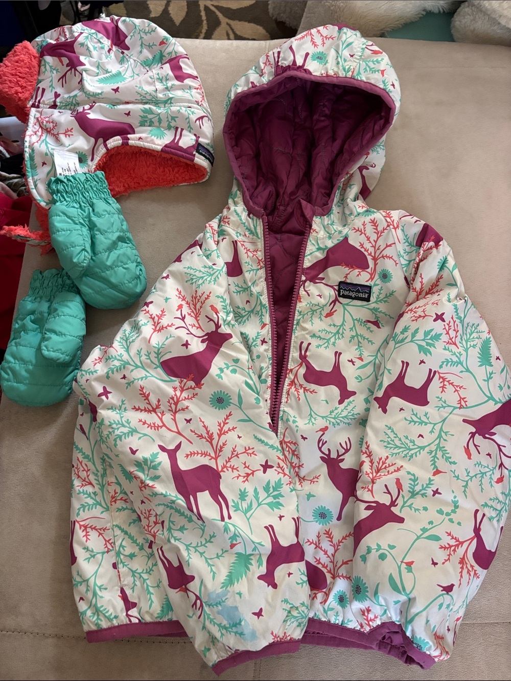 Patagonia Kids White Jacket with Magenta Deer Print & Mint Accessories